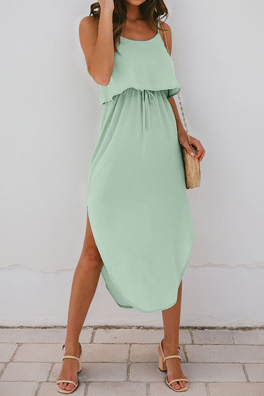 Shewin Wholesale Custom Logo Clearly Aqua Irregular Split Spaghetti STRAP Midi Dress