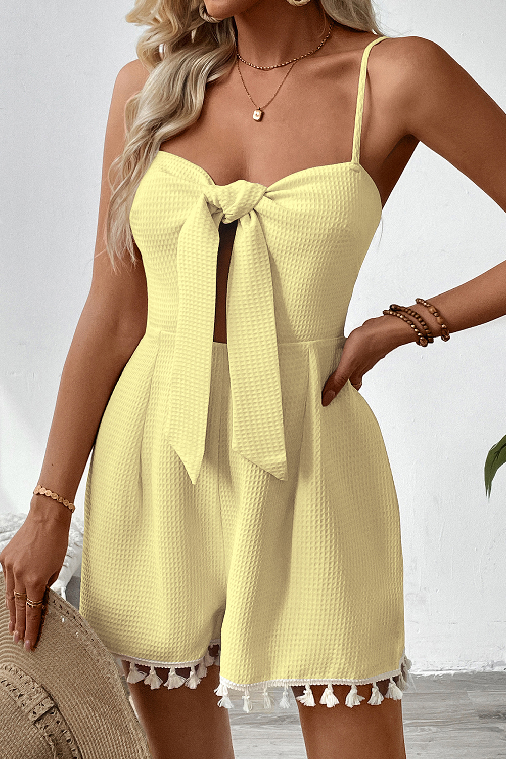Shewin Wholesale Clothes Yellow Cream Spaghetti STRAP Fringed Hem Romper