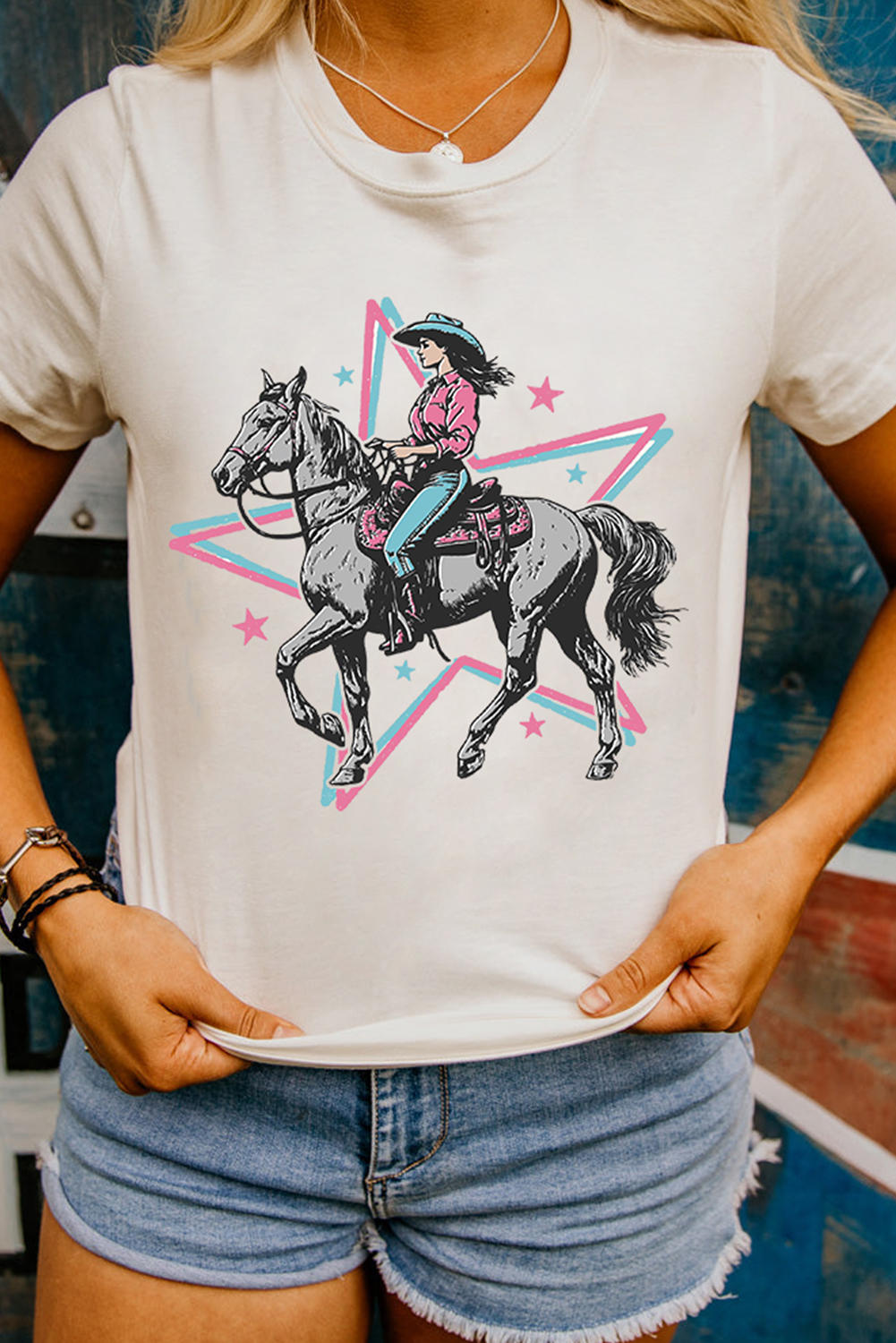 Shewin Wholesale Custom Logo White Star COWGIRL Graphic Round Neck T Shirt