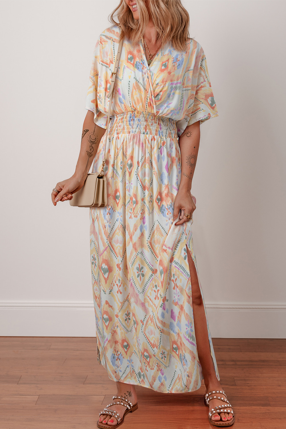 Multicolour Geometric Print Half Sleeve High Waist Maxi Dress