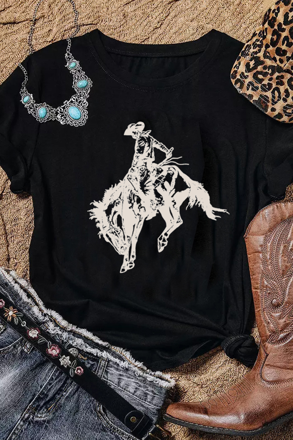 Shewin Wholesale Custom Logo Black WESTERN Cowboy Horse Print Crewneck Tee