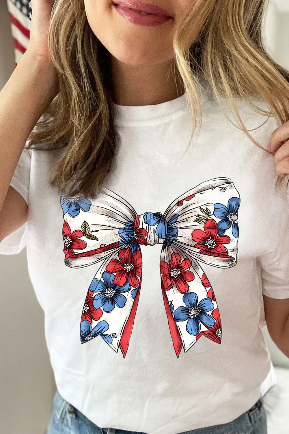 Shewin Wholesale Clothes White July 4th FLOWER Bowknot Print Crew Neck T Shirt