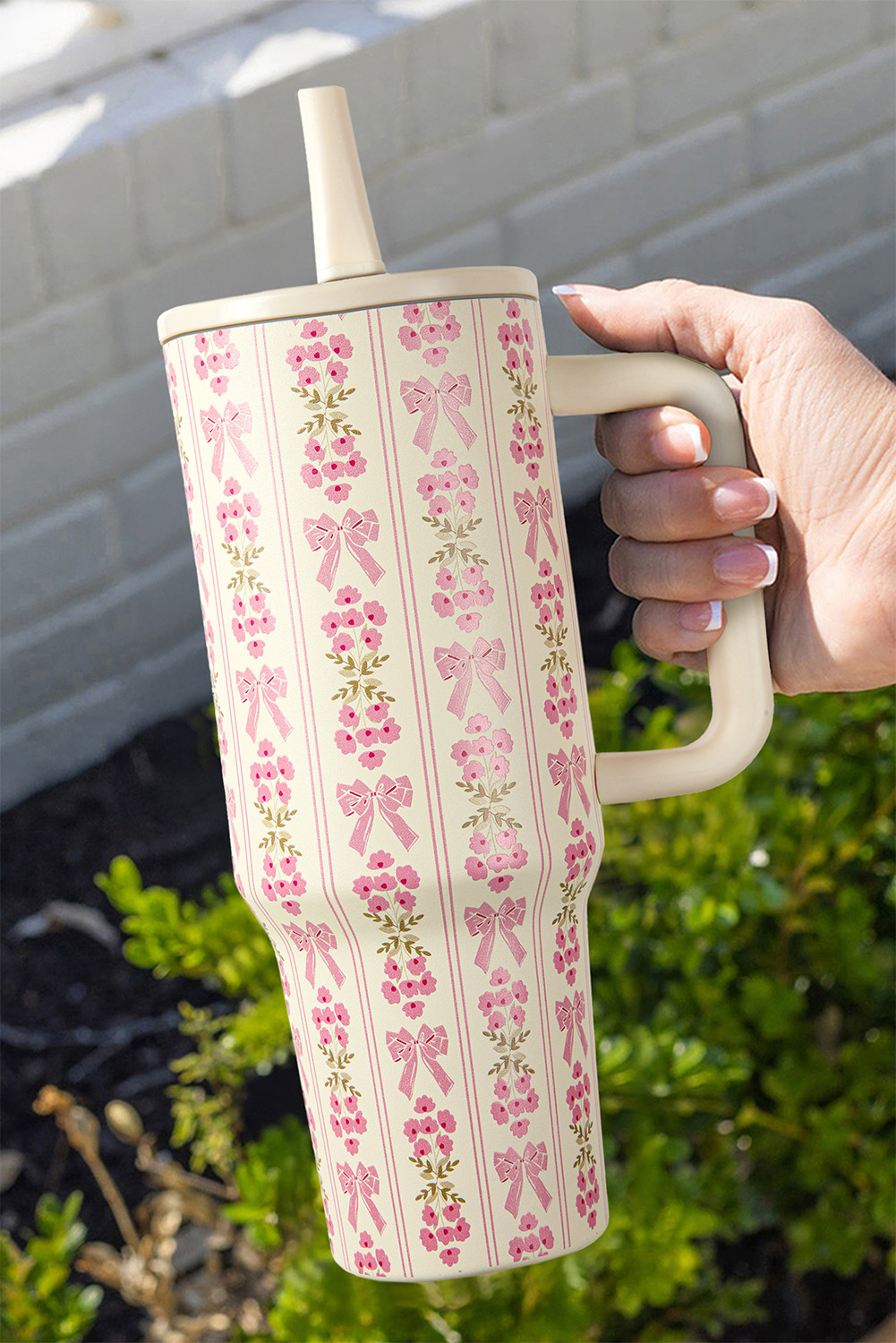White Bow and Flower Striped 40oz Tumbler Cup