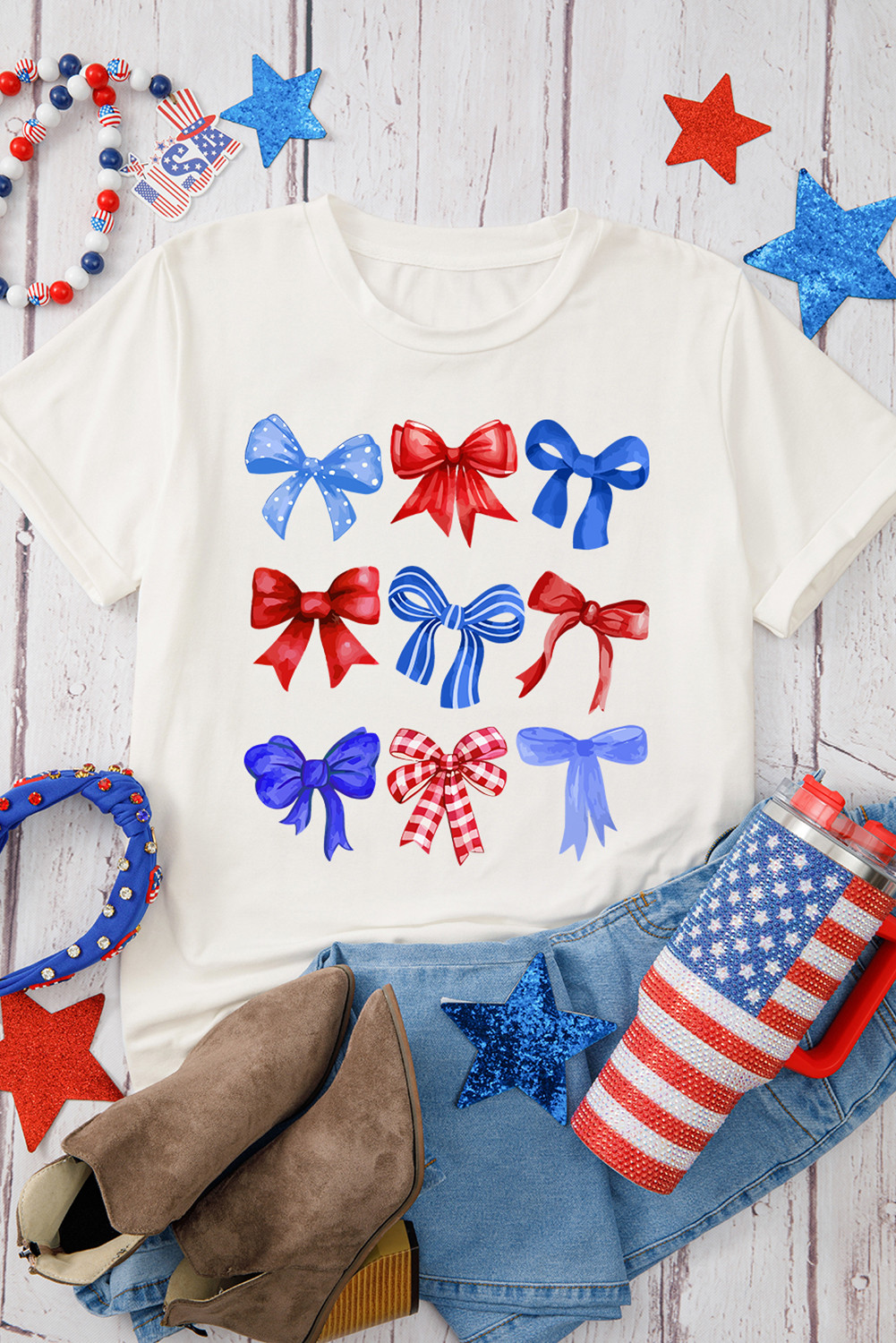 White Independence Day Bow Print Crewneck Tee