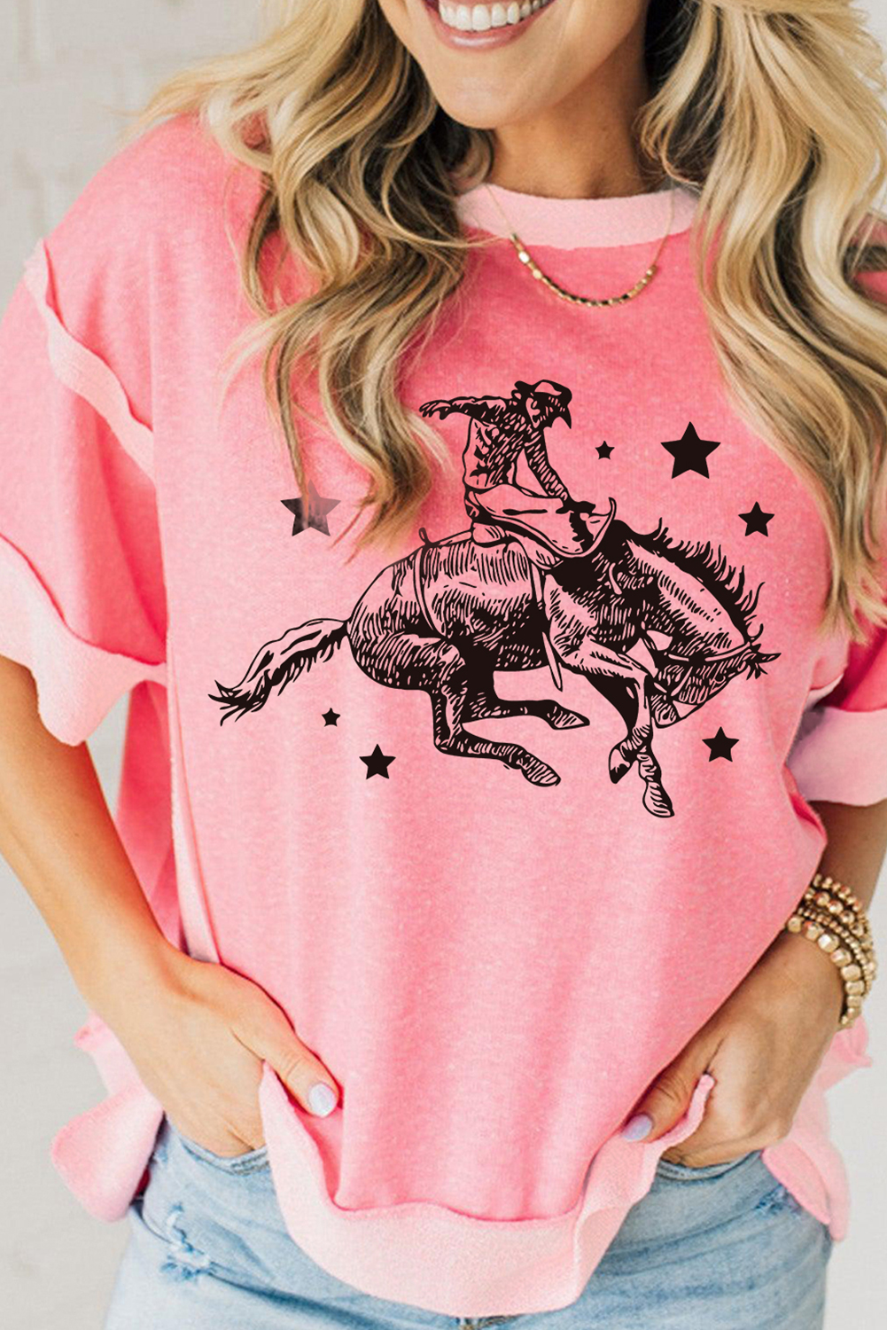 Shewin Wholesale Clothes Peach BLOSSOM Raw Seam High Low Side Split Rodeo Graphic Tee