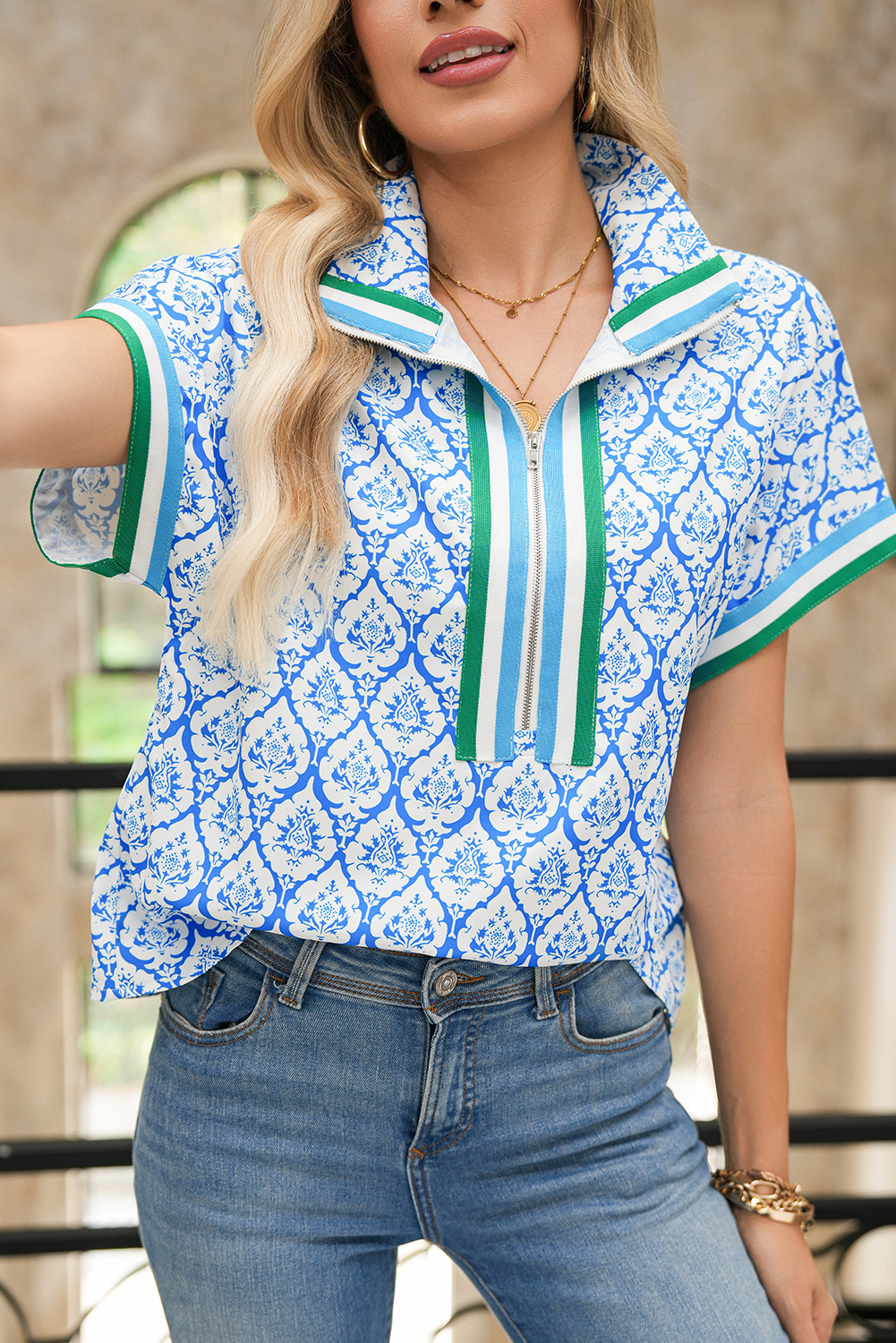 Shewin Dropshippers Sky Blue Colorblock Striped Collar Bohemian Print Blouse