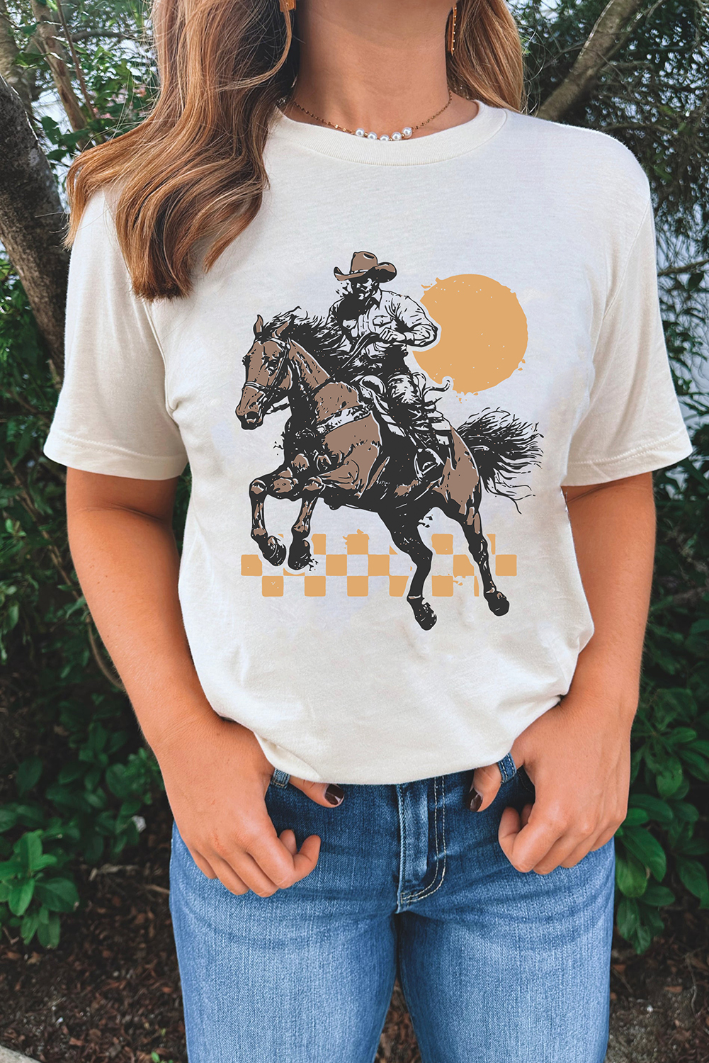 Shewin Wholesale Custom Logo White Sunset Cowboy Print WESTERN Fashion T Shirt