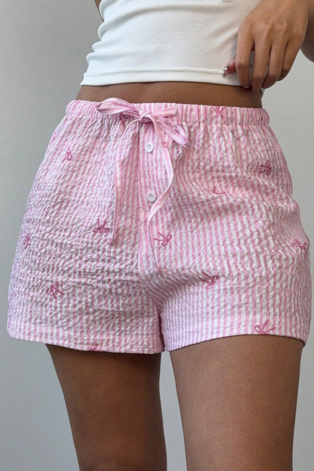 Shewin Dropship Pink Stripe Bow Print TIE Waist Shorts
