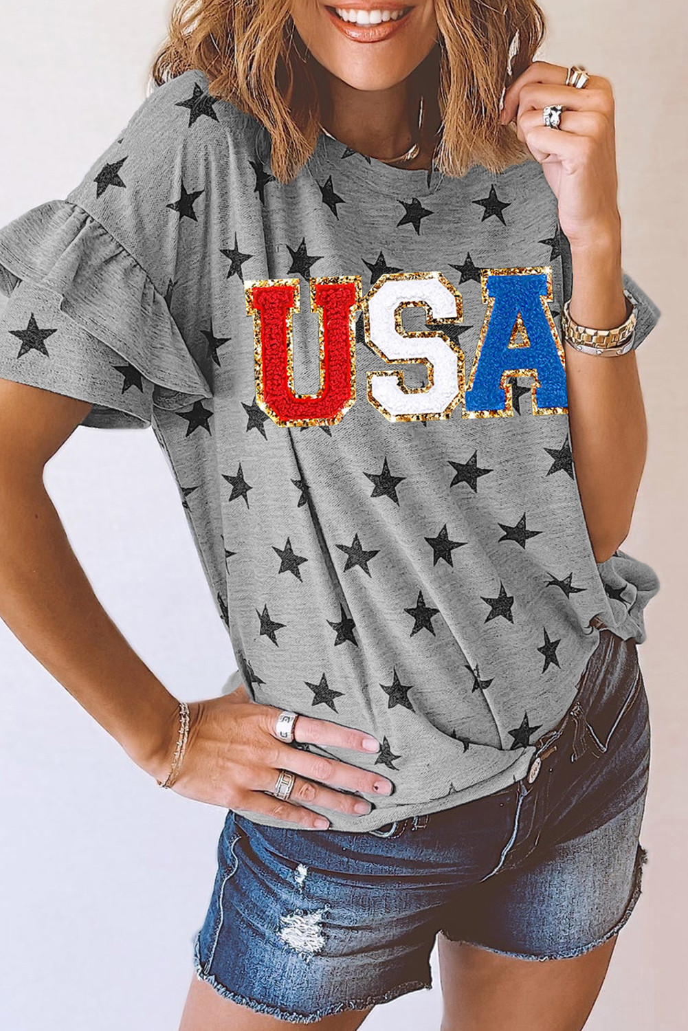 Gray USA Letter Patched Star Print Ruffle Trim Sleeves Loose Tee