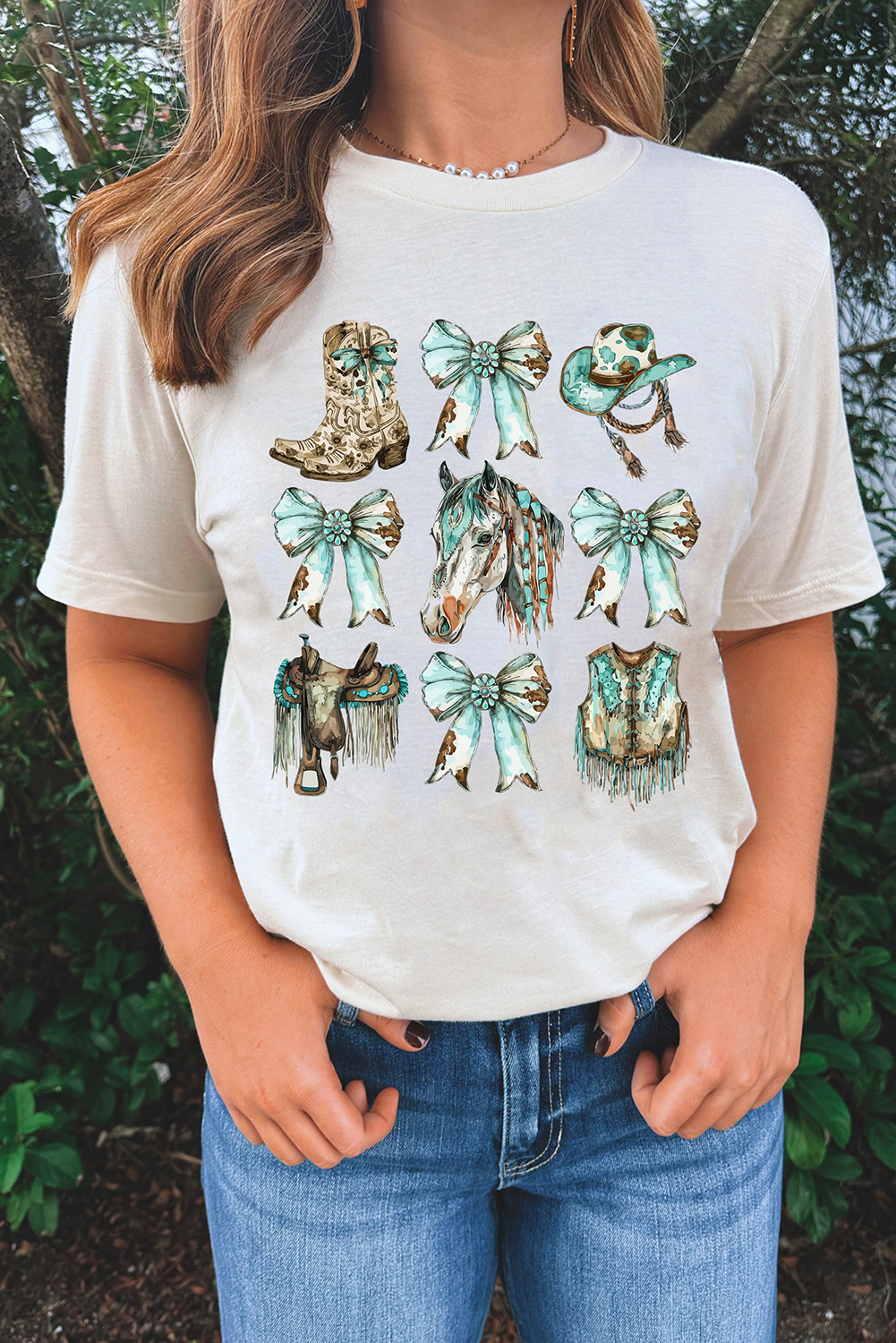 Shewin Dropship White Horse Bowknot COWGIRL Fashion Print Crewneck Tee