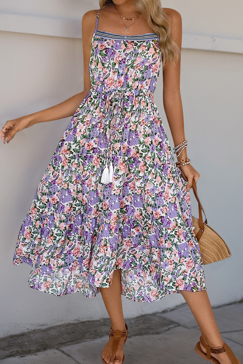 Shewin Wholesale Clothes Purple Floral Print Spaghetti STRAP Tassel High Waist Midi Dress