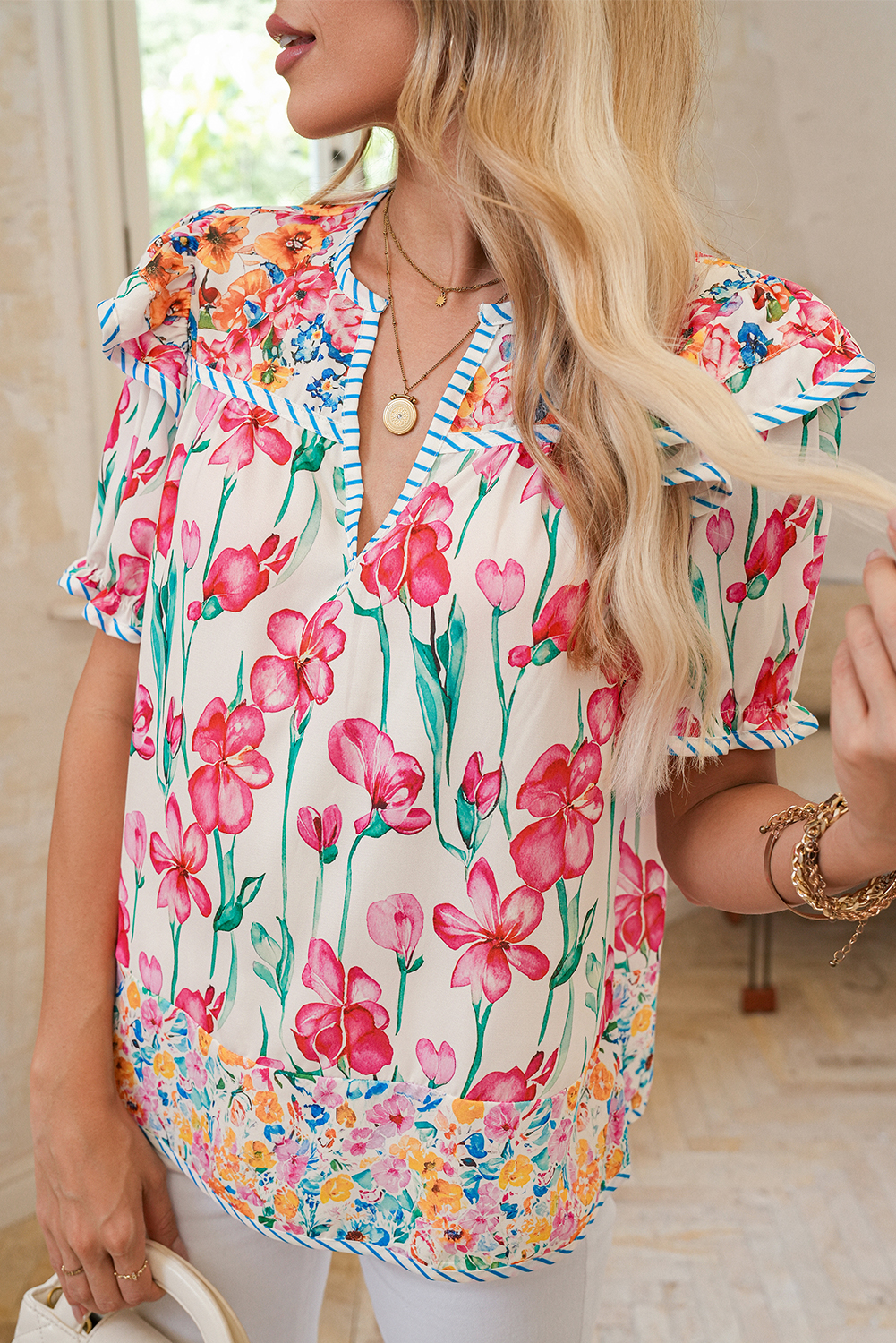 Shewin Dropshipping Pink Floral Print Striped Detail Split Neck Short Sleeve Blouse