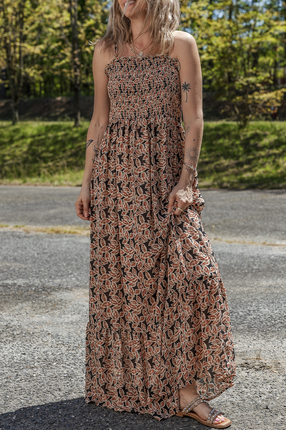 Shewin Wholesale Clothes Brown Floral Smocked Bodice High Waist Flowy SUN Dress