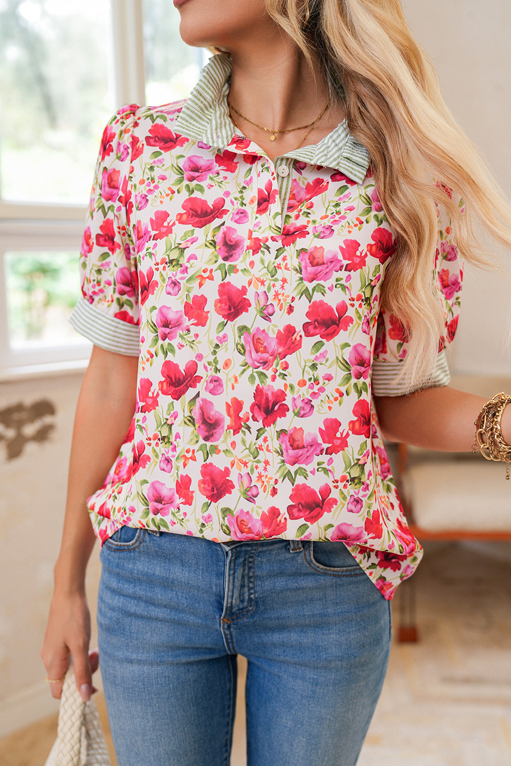 Red Floral Print Striped Patchwork Collared Blouse