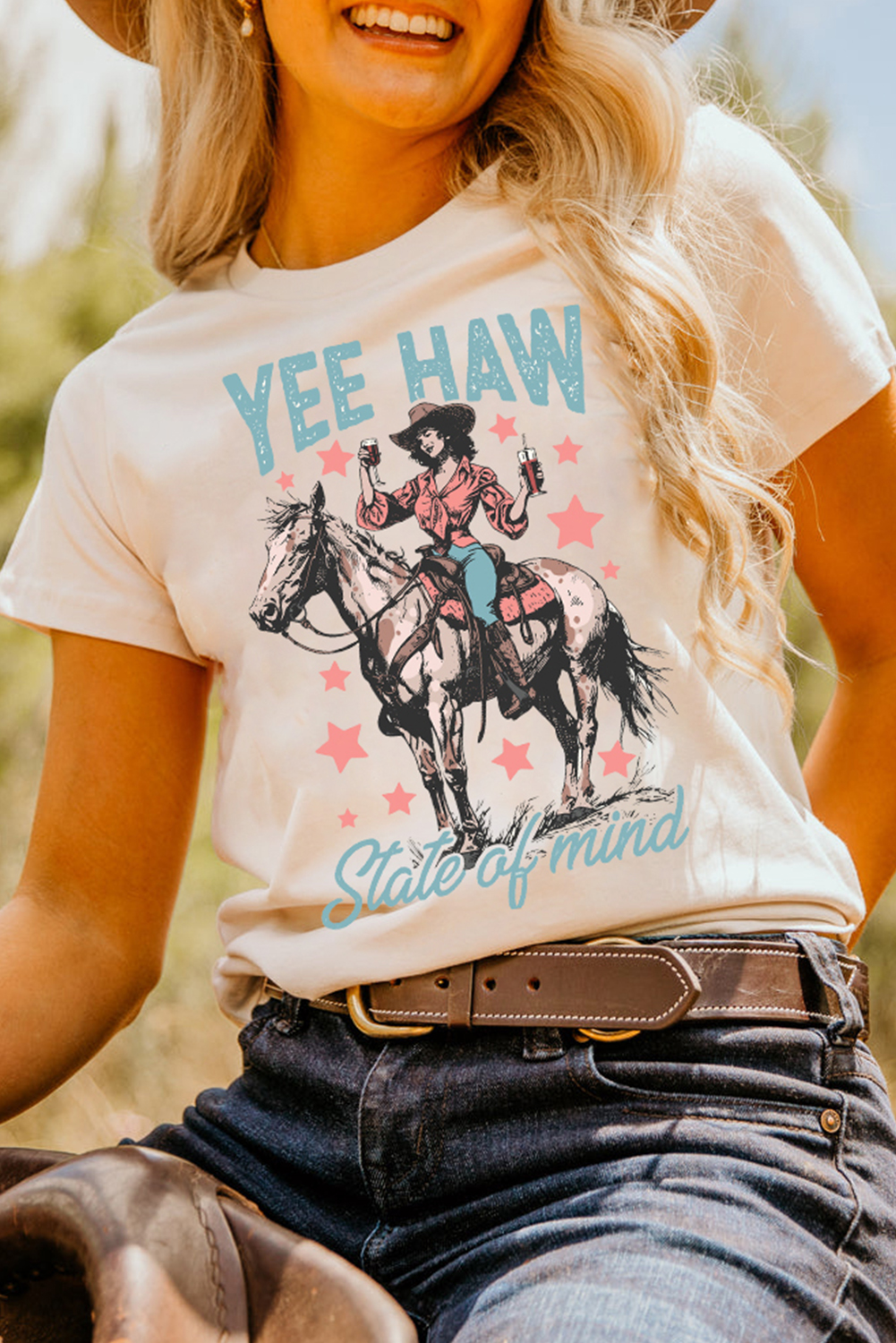 Shewin Wholesale Customized White YEE HAW State of  mind Cowgirl Graphic WESTERN Fashion Tee