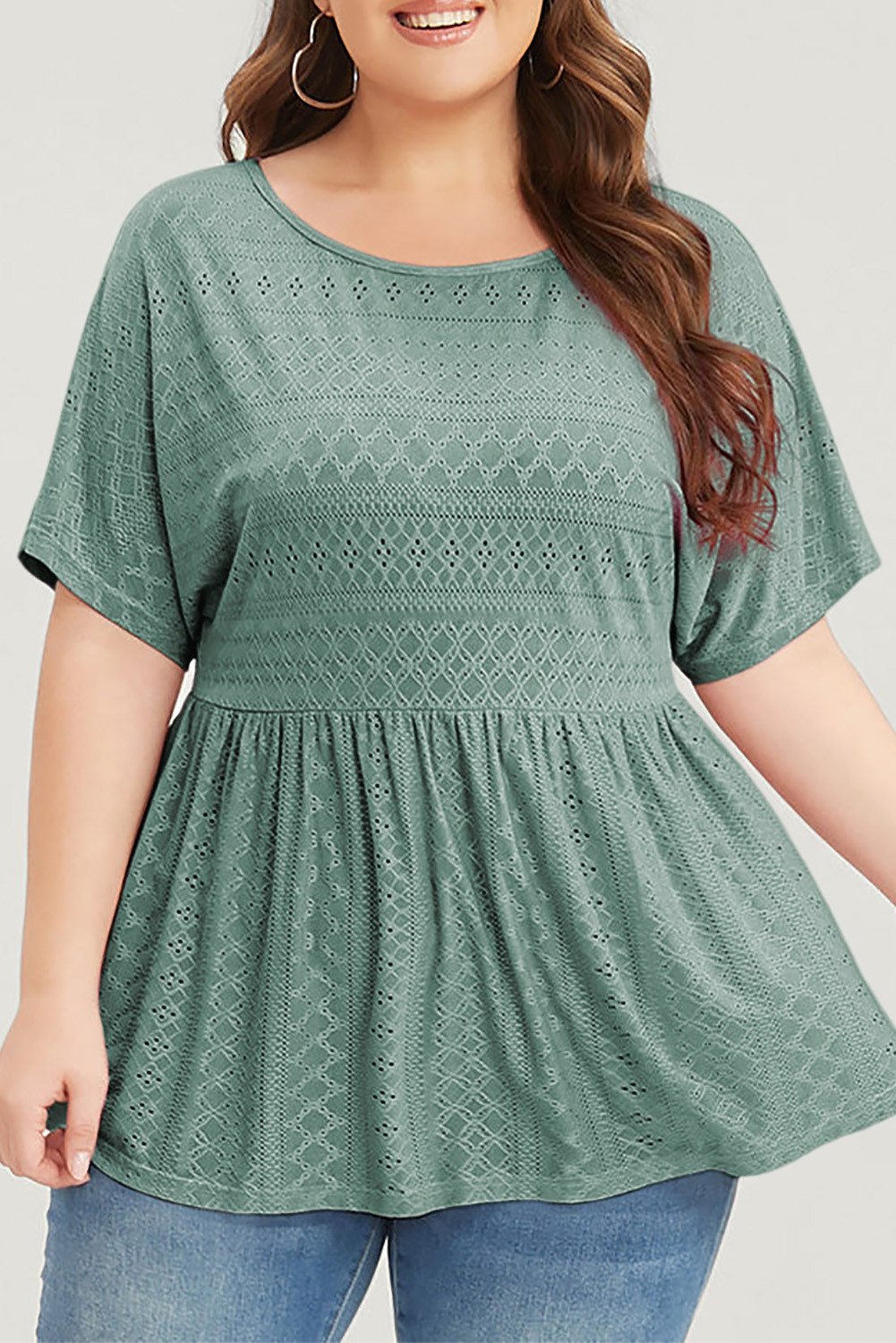Green Plain Cut Out Plus Size Babydoll Blouse