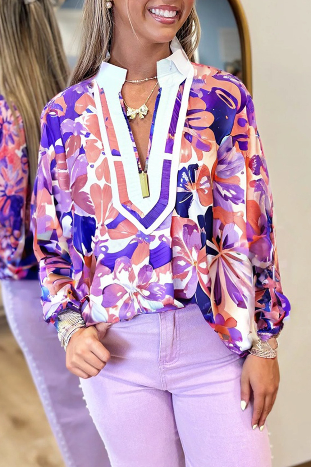 Multicolour Abstract Floral Print V-Neck Blouse