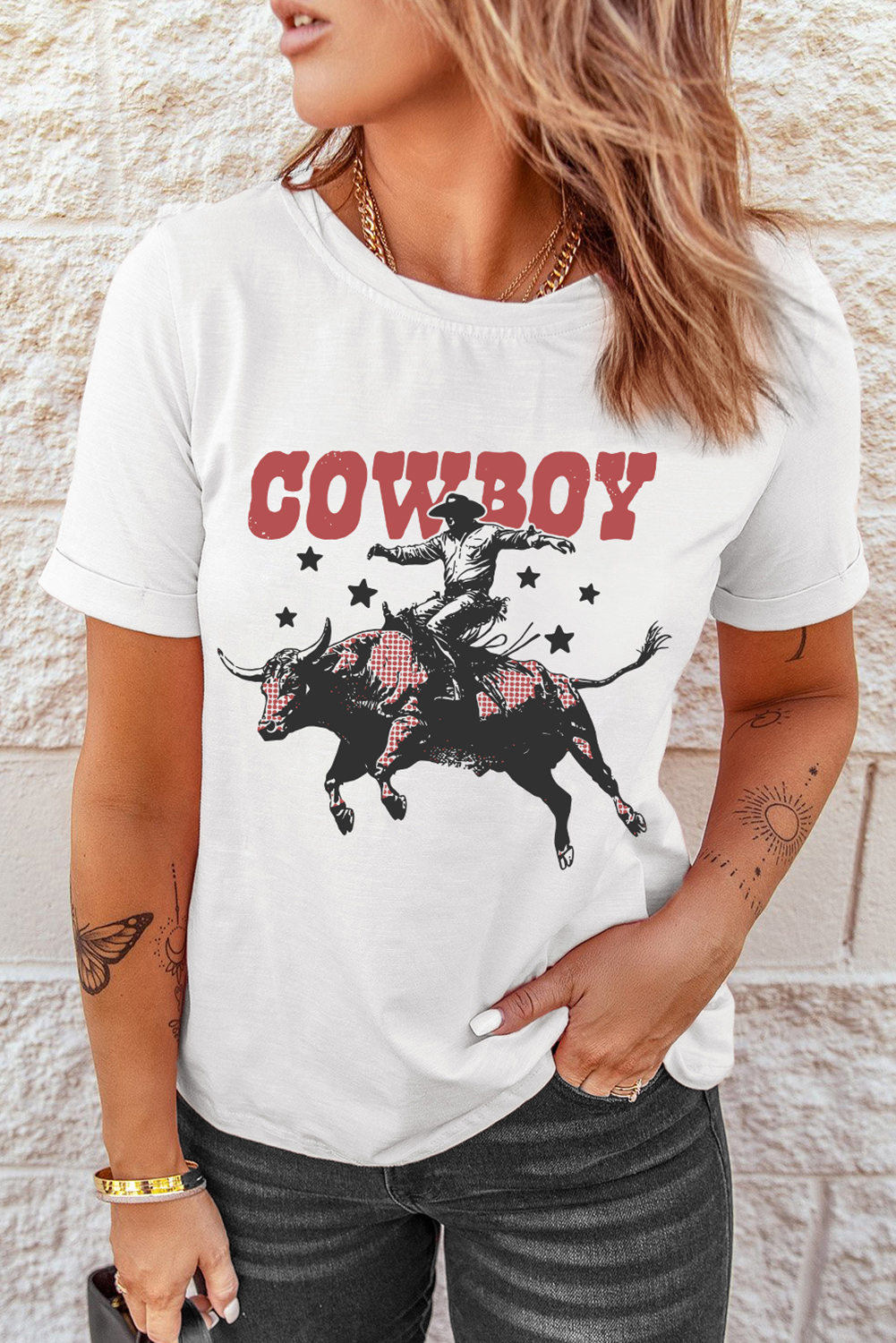 Shewin Dropshippers White COWBOY Star Graphic Crewneck WESTERN Fashion Tee