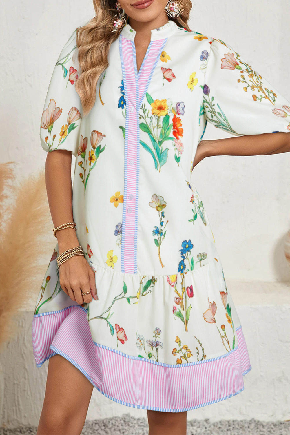 Shewin Dropshipping White Striped and Floral Print Pop of Color Neckline Dress
