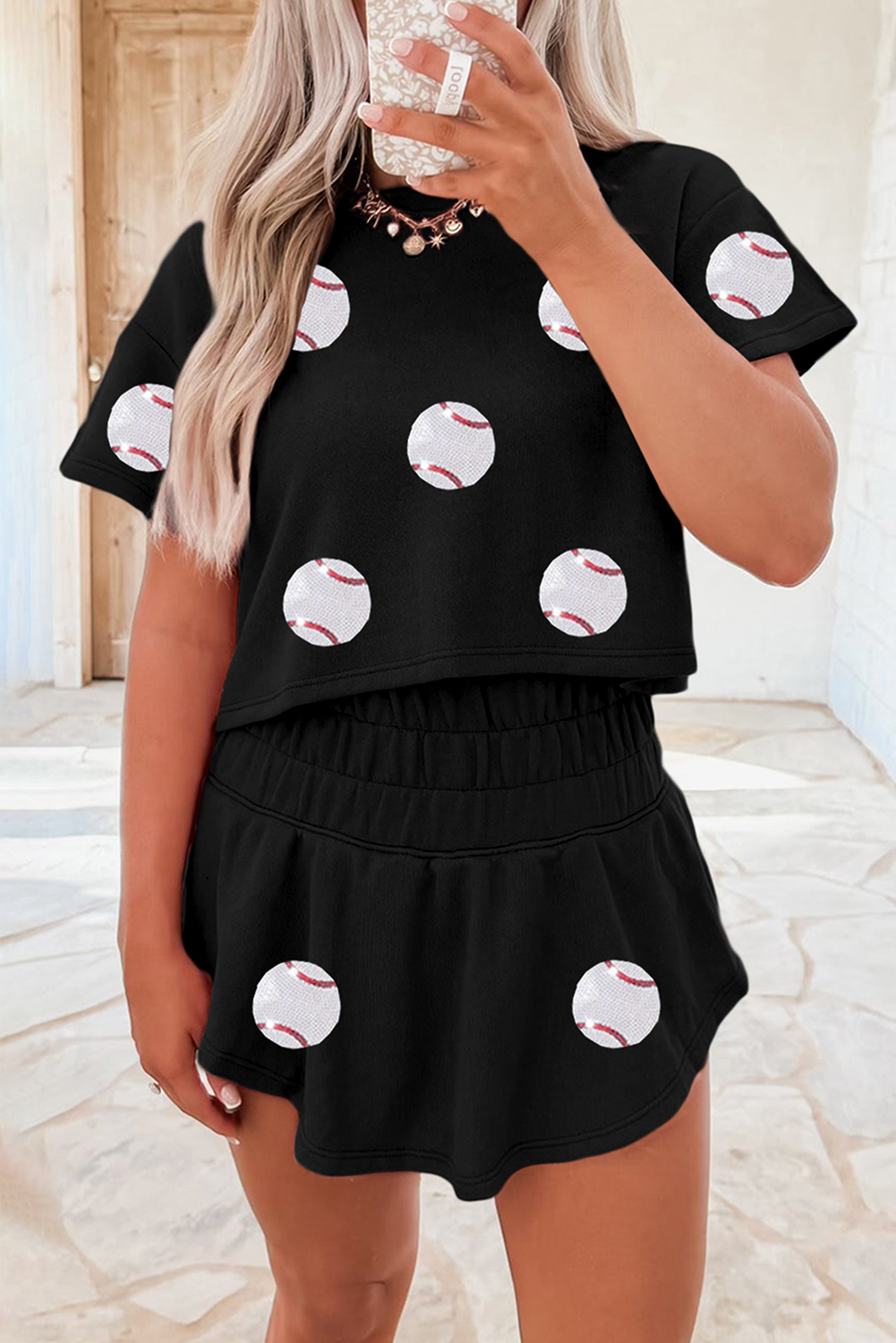 Black Baseball Patched T Shirt and Skort Set