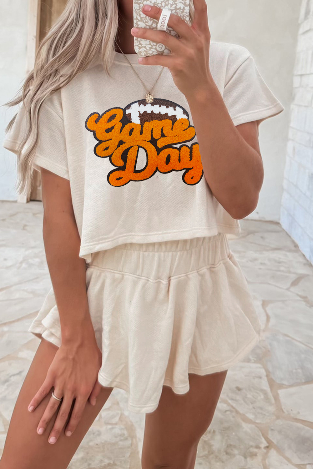 Shewin Dropshippers Beige GAME Day Graphic Tee and Skort Set