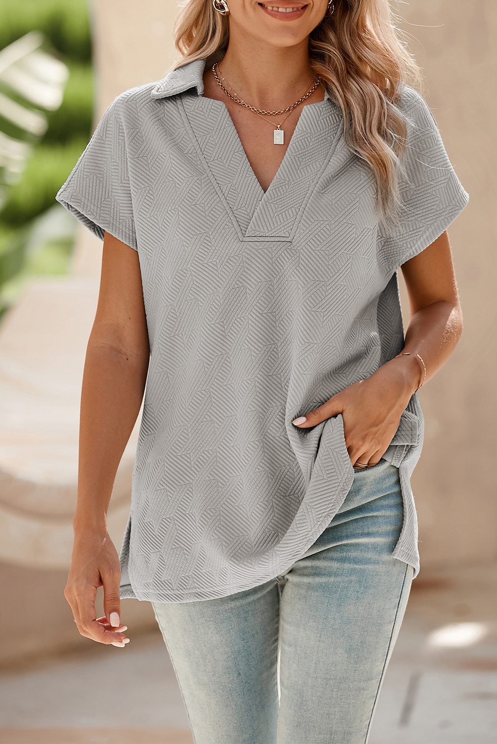 Light Grey Textured V Neck Collared Slit Hem T Shirt