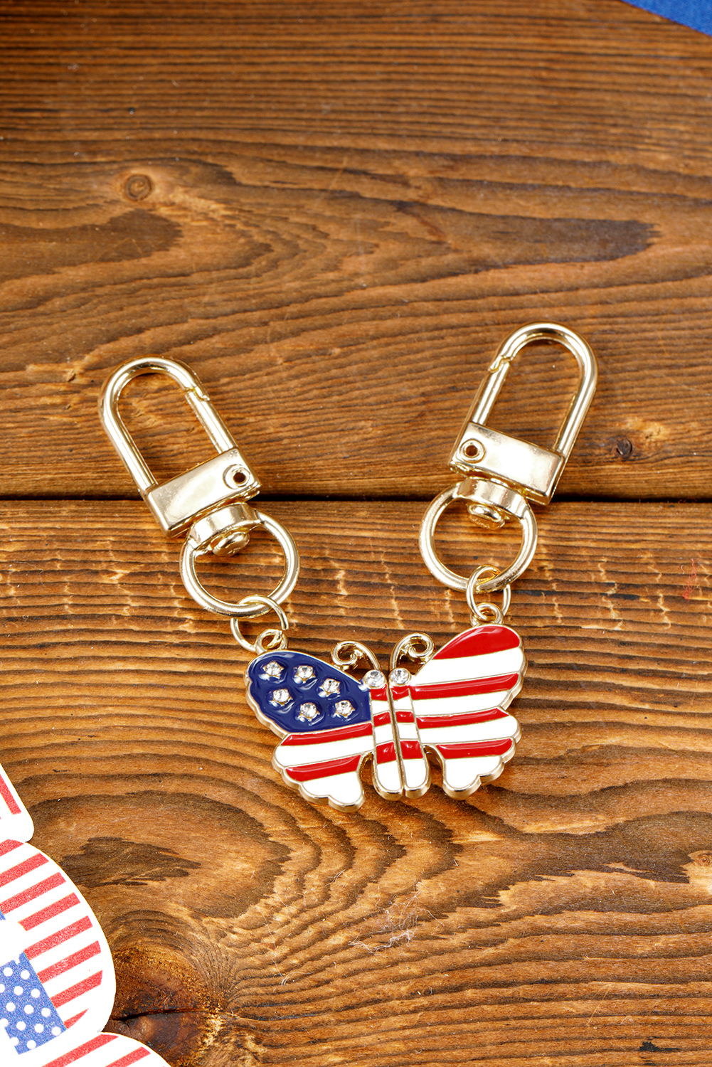 Shewin Dropshippers Gold 4th of July Rhinestone Butterfly Detachable Magnetic KEYCHAIN