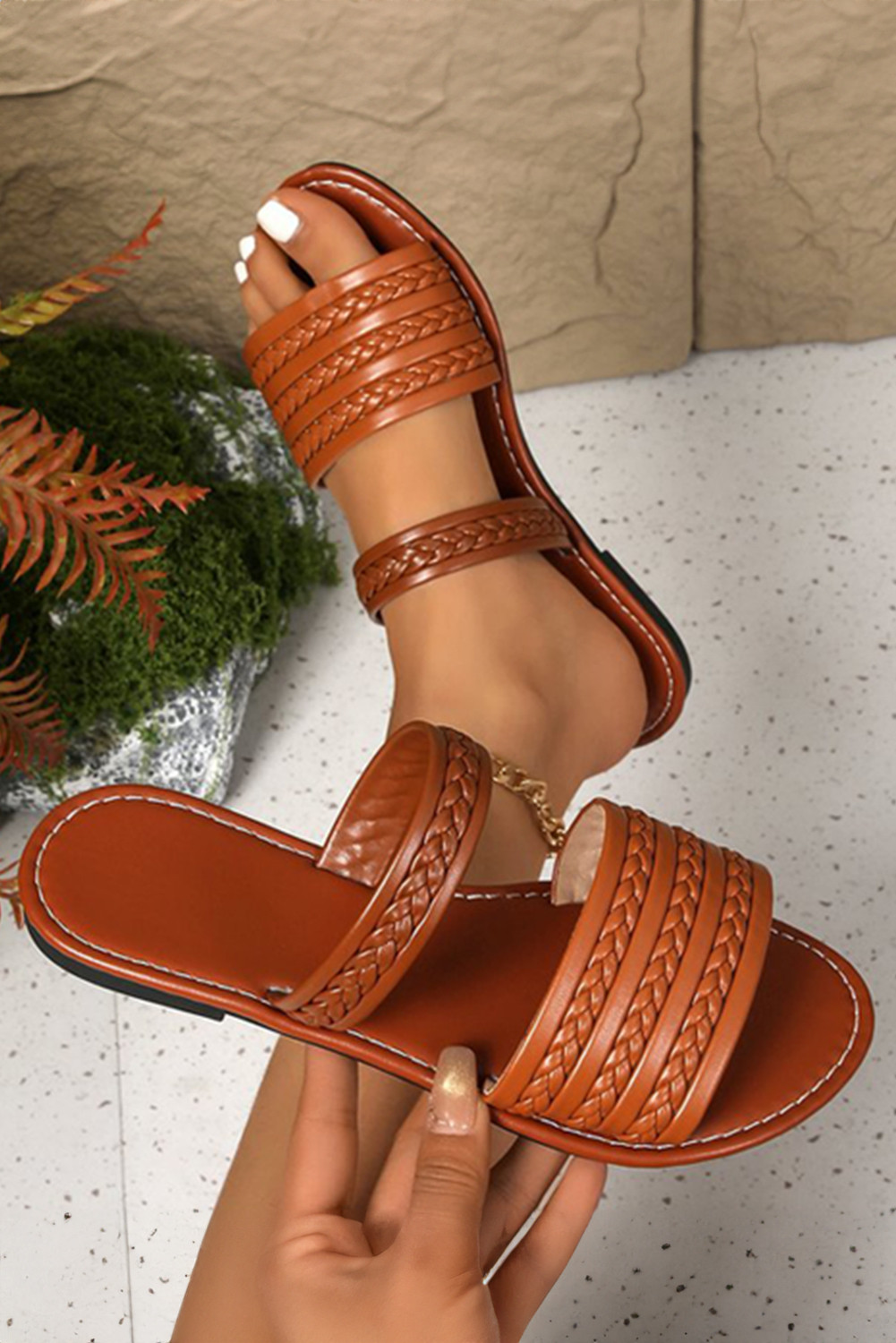 Coffee PU Leather Braided Flat Slippers