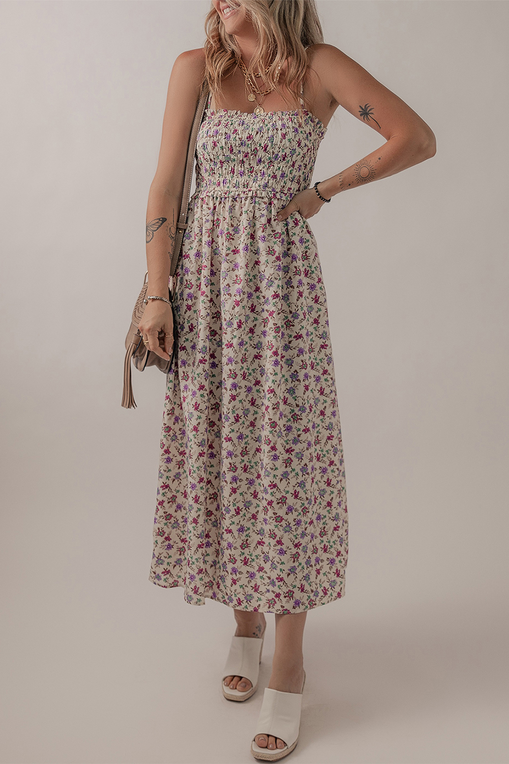 Shewin Dropshippers Multicolour Boho Floral Print Spaghetti STRAP Flare Midi Dress