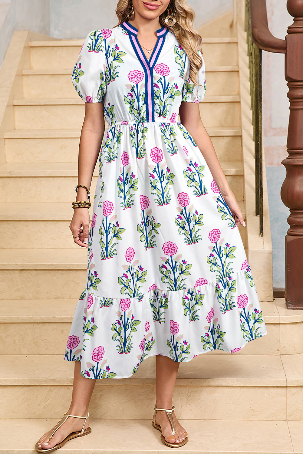 Shewin Dropshippers White Floral Ruffle Hem Pop of Color Neckline Dress
