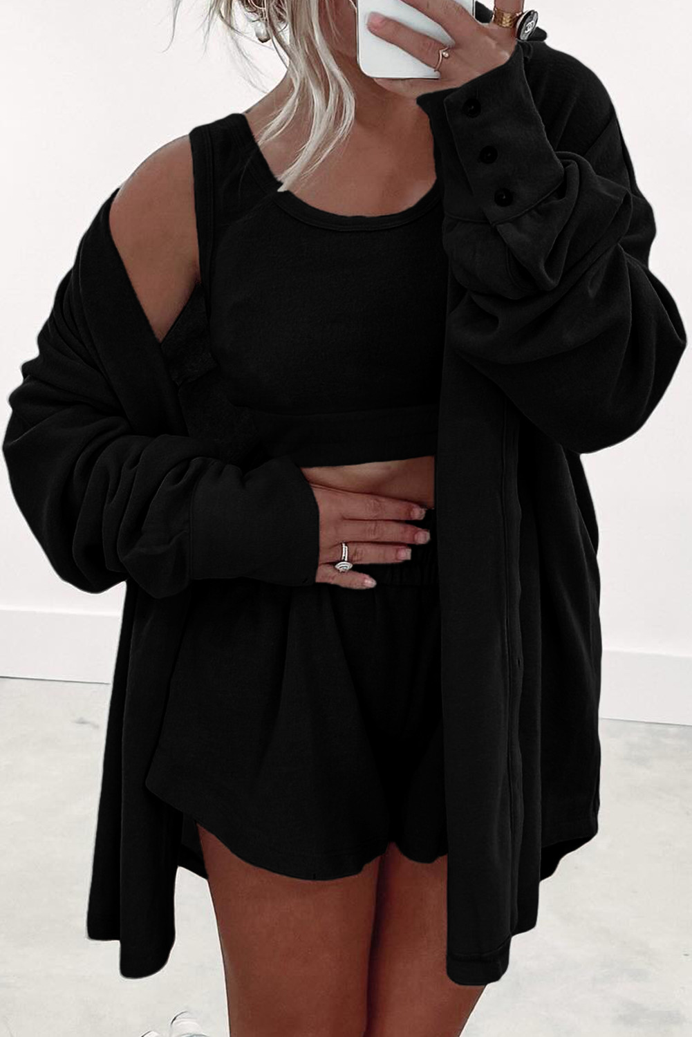 Black Shirred Hem Crop Tank Top Loose Shorts Cardigan 3 Piece Pajama Set