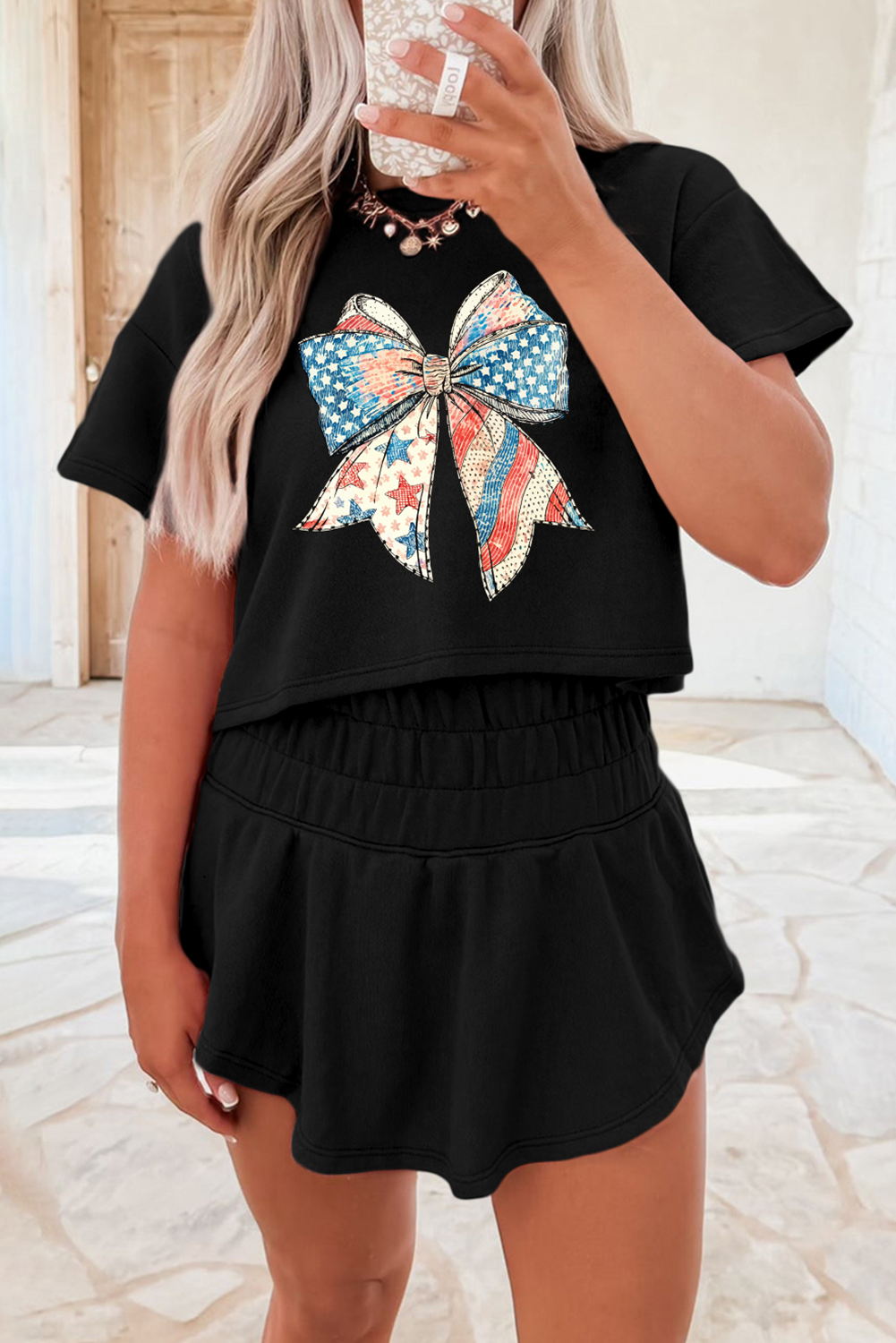 Black Patriotic Bow Print T Shirt and Skort Set