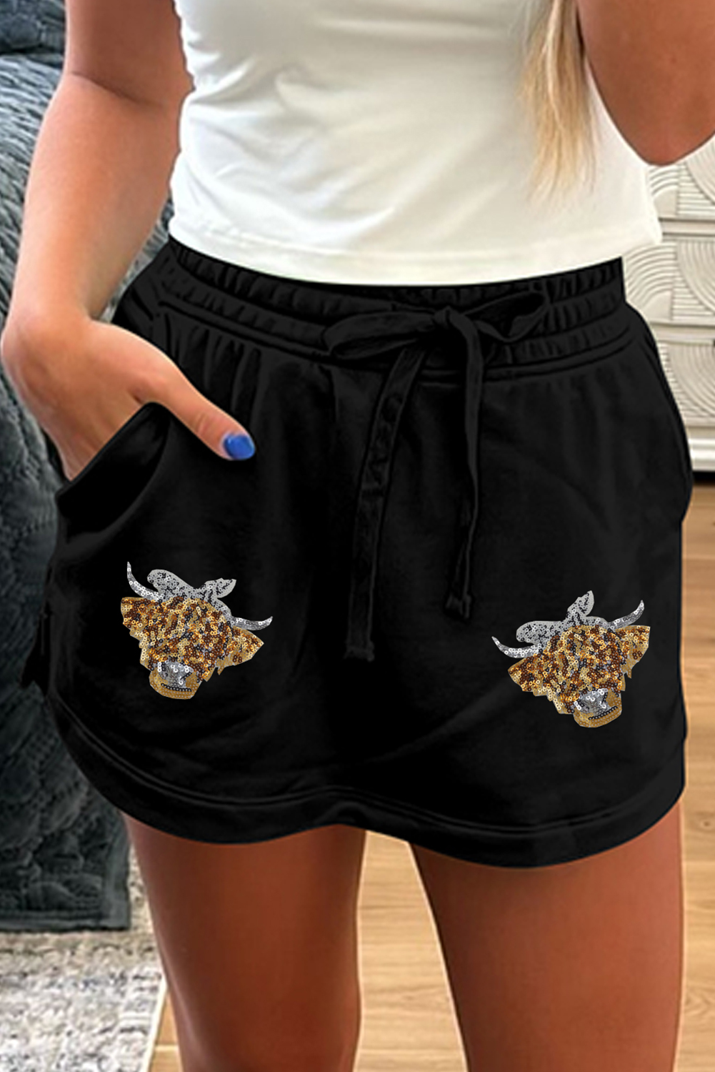 Shewin Dropship Black Bull head Graphic Drawstring Waist Mini SKIRT