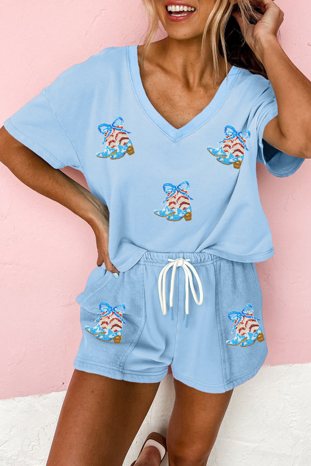 Shewin Dropship Myosotis Patriotic Sequin Bow BOOTS Patched T Shirts and Shorts Set