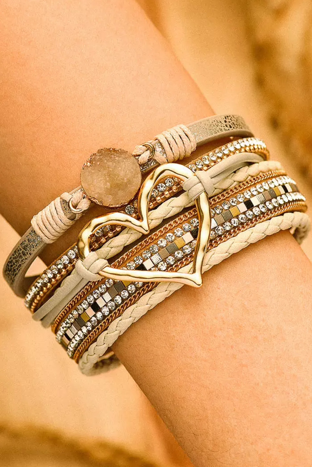 Shewin Dropship Beige Braided Heart Rhinestone Magnetic Buckle Multi Layered BRACELET
