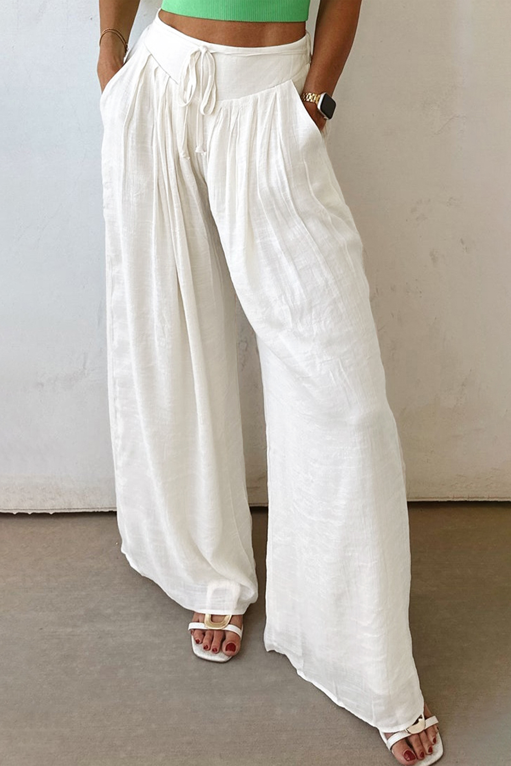 Shewin Wholesale Chic Female White Solid Pleated Loose Wide Leg PANTS