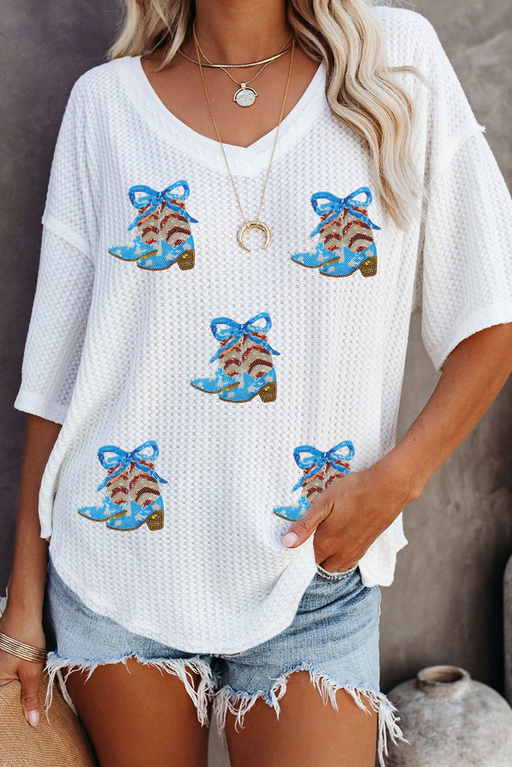 Shewin Dropship White Waffle Textured Bow BOOTS Graphic Independence Day T Shirt