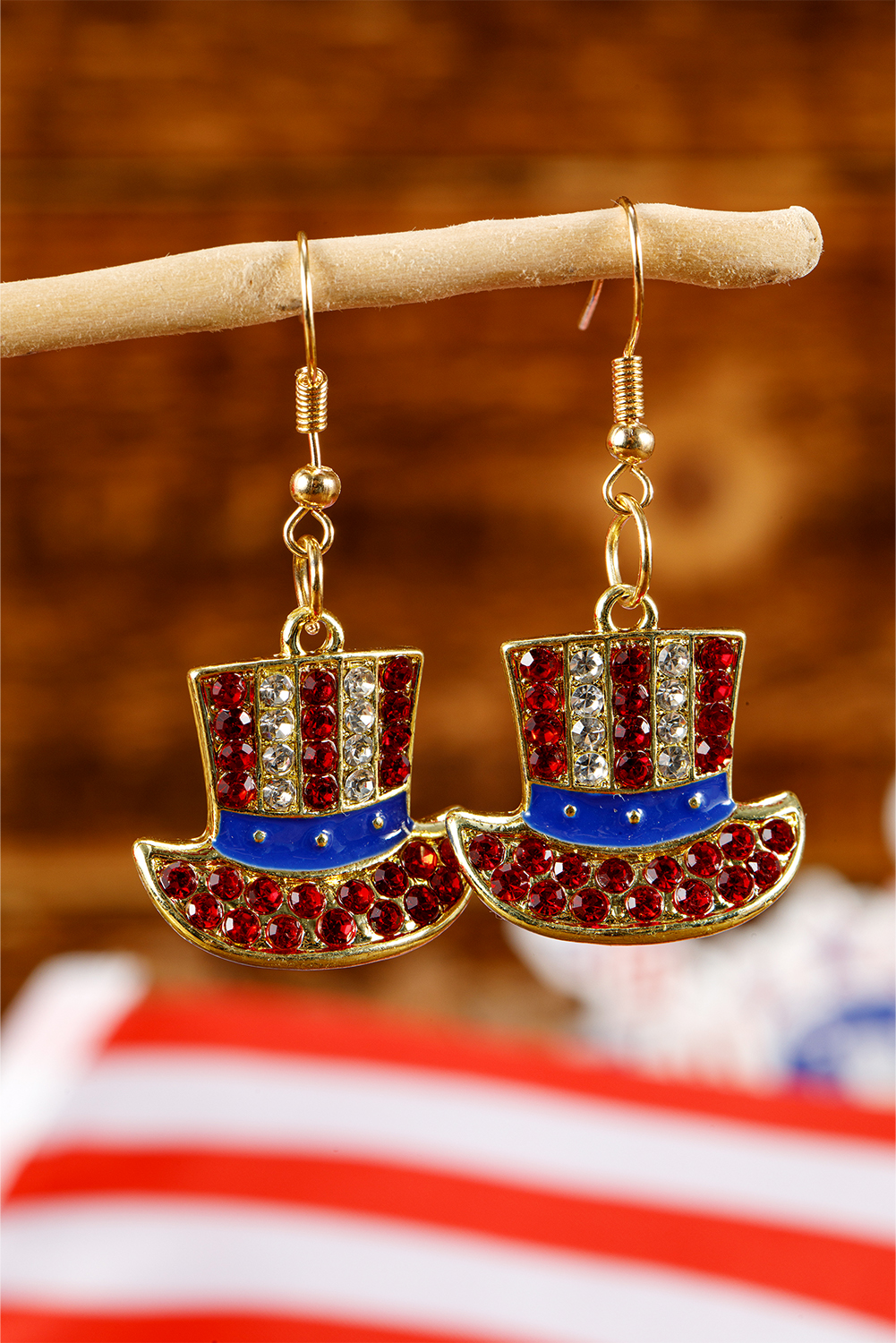 Shewin Dropship Gold Patriotic Rhinestone HAT Pendant Hook Earrings