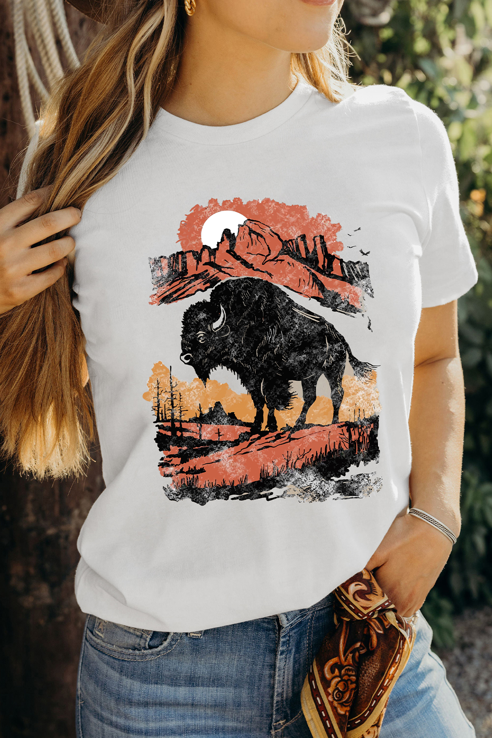 Shewin Dropship White WESTERN Buffalo On Plains Graphic Crew Neck Tee