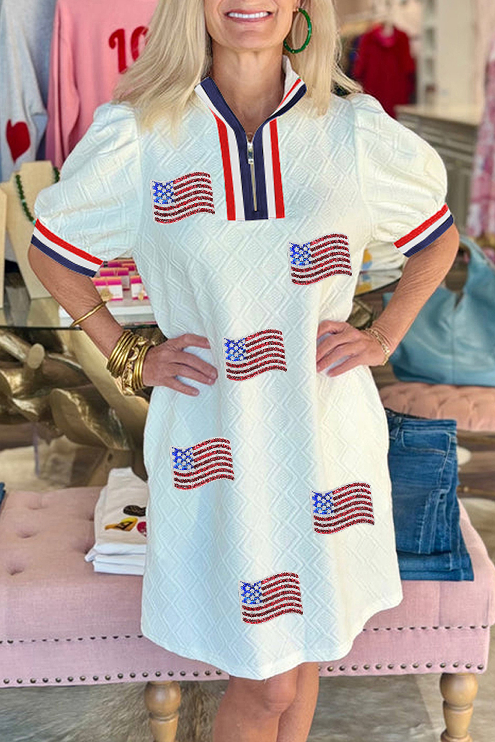 Shewin Dropship White Textured Contrast Striped Detail Sequin USA FLAG Patched Mini Dress