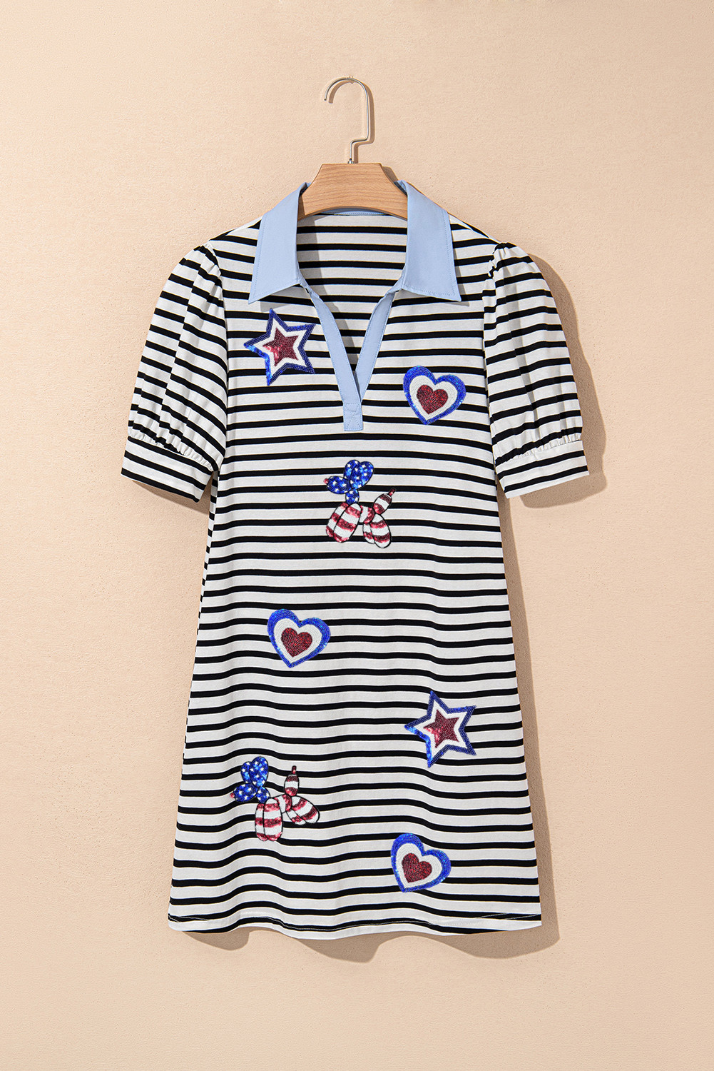Black Stripe 4th of July Sequined Collared V Neck Shift Mini Dress