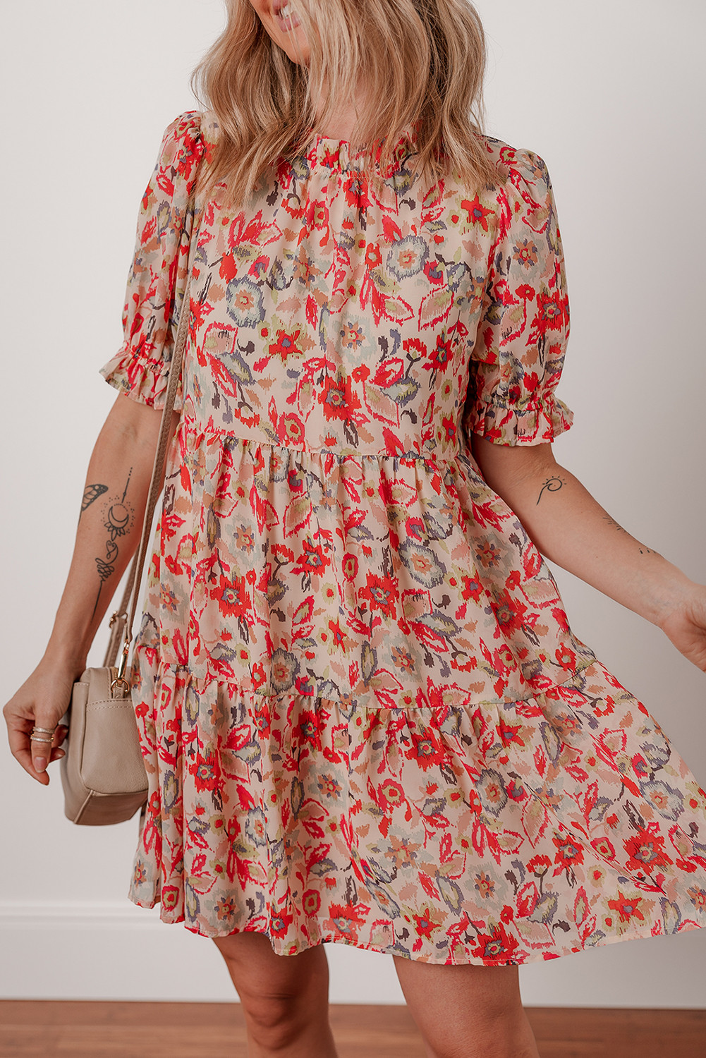 Multicolour Floral Print Frilled Neck Puff Sleeve High Waist Dress