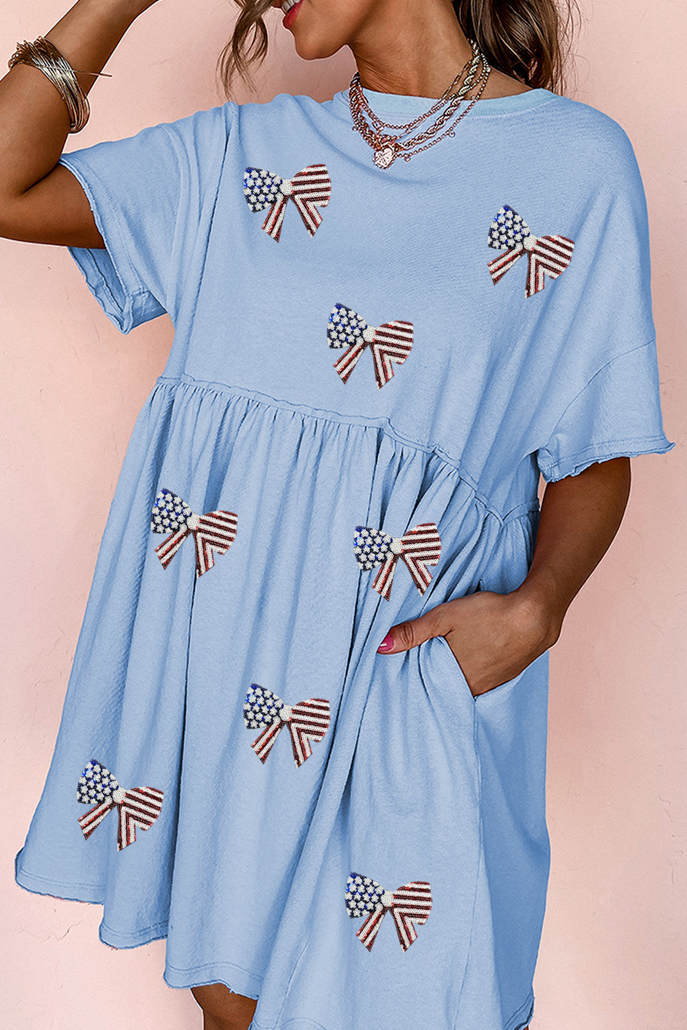 ShEwin DropshippErs Sky BluE STAR And StripEs SEquin Bow PAtchEd PAtriotic BAbydoll DrEss