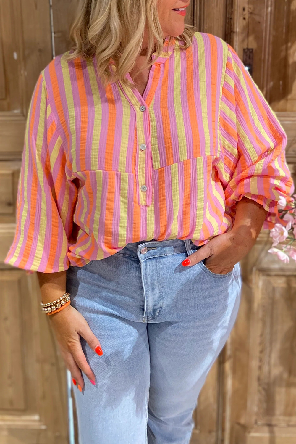 Pink Striped Crinkled Buttons V Neck Plus Size Blouse