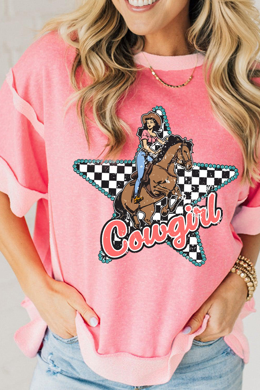 Shewin Dropshippers Peach BLOSSOM Cowgirl Checkered Star Print Exposed Seam T Shirt