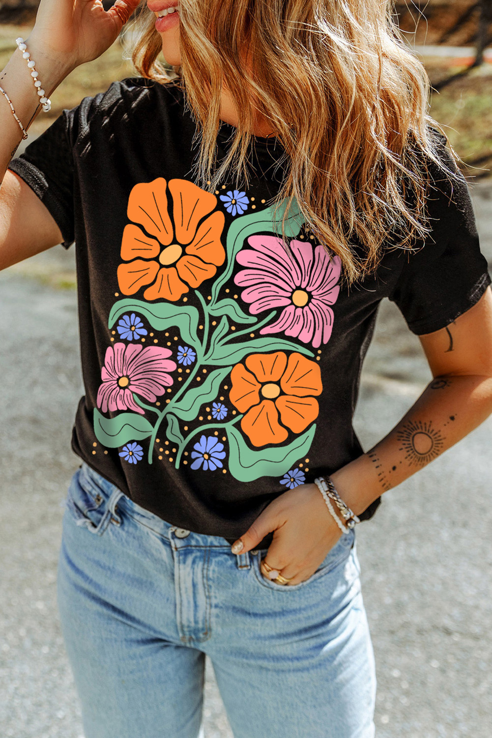 Black Floal Graphic Crewneck Tee