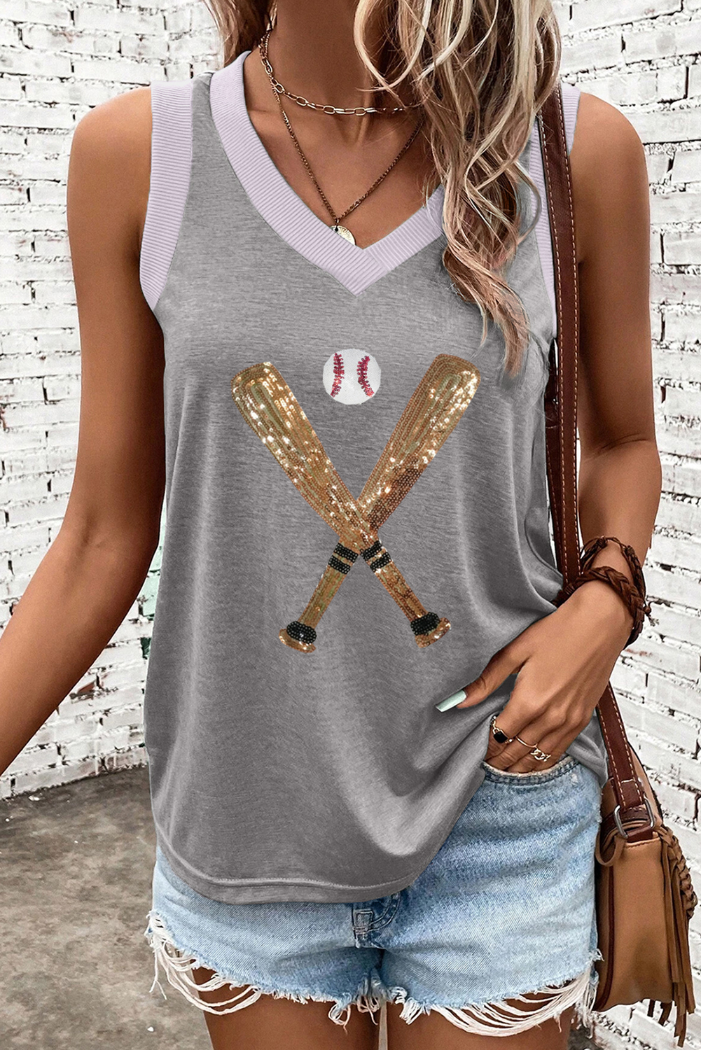 Shewin Dropship Gray Sequin Baseball Bat Graphic Ribbed Trim Casual TANK TOP