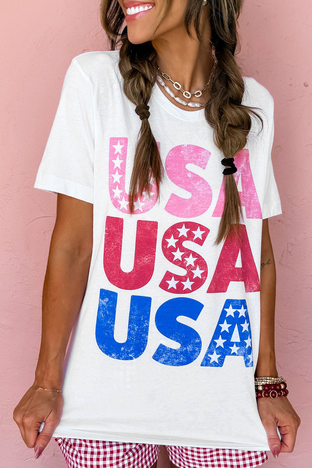 Shewin Dropship White USA Letter Graphic COTTON Blend T Shirt