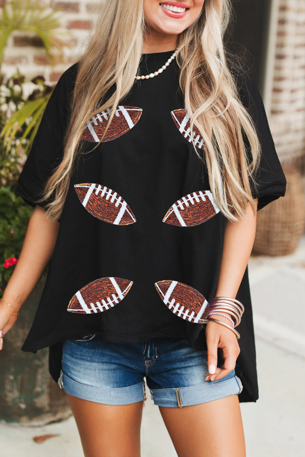 Shewin Dropshippers Black Sequin FOOTBALL Patched Crewneck Loose T Shirt