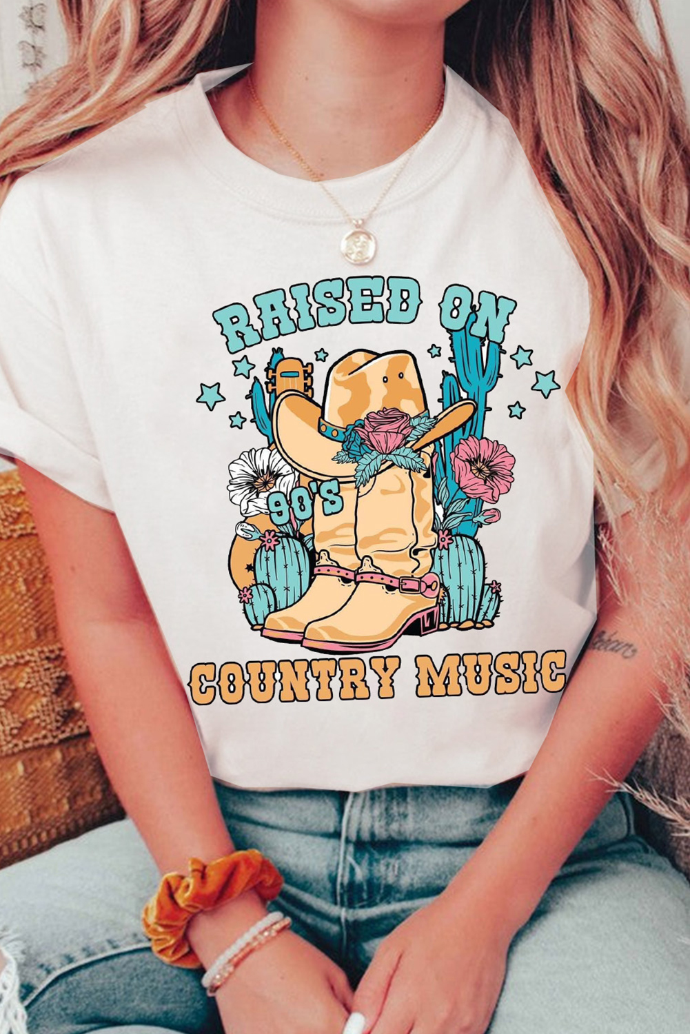 Shewin Dropship White RAISED ON COUNTRY MUSIC Graphic Tee